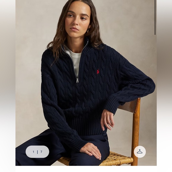 NEW!!! Ralph Lauren Navy Cable-Knit Quarter-Zip Sweater with Red Pony - Picture 4 of 5